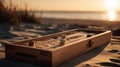 Golden Hour Backgammon on White Bench with Beach Background