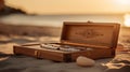 Golden Hour Backgammon on White Bench with Beach Background