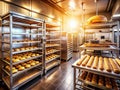 Golden Hour Baking A Long Exposure Masterpiece of a Pristine Bakery Kitchen Showcasing Artisan Breads and Baking Tools Royalty Free Stock Photo