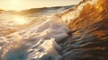 Golden hour on beach. Close up shot of reflection in water. Burning sky and shining golden waves. Generative AI