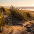 Golden Hour Beach Dunes with Grass and Ocean Waves Under Soft Sunset Light Royalty Free Stock Photo
