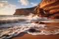 Golden Hour Beachscape with Rocky Cliffs and Rough Waves Royalty Free Stock Photo