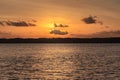 Golden hour in a beautiful sunset over waters of a river, clouds over the sun