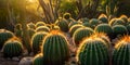 Golden hour in cactus garden. warm sunlight bathing spiky plants. serene desert flora landscape. stock image perfect for