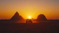 Golden Hour Desert Drive An SUV Adenture at Sunset, Under Ancient Structures Royalty Free Stock Photo