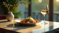 Golden hour dinner a simple plate of rice and steamed vegetables served with a glass of white wine on a table by a window. Royalty Free Stock Photo