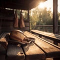 Golden Hour Dugout: Baseball Glove and Ball on Wooden Bench Royalty Free Stock Photo