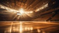 Golden hour. Empty basketball arena, stadium with sunny light, flashlights and fans sits. Silence after game. Sport Royalty Free Stock Photo