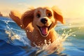 Golden Hour Fun: A Cute Dog\'s Deep Splash in the Nursery Poster