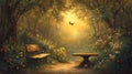 Golden Hour Garden: Butterfly, Bench, and Table Royalty Free Stock Photo
