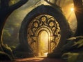 Golden Hour Gateway. Journeying Through the Mystical Forest Portal.