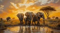 Golden Hour Gathering of African Elephants./n