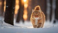 Golden Hour Glamour: A Chubby Kitty Cat Kitten Strutting Through Snow with Attitude