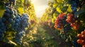 Golden Hour Glow Over Lush Vineyard Offering Bountiful Harvest of Ripe Grapes Royalty Free Stock Photo