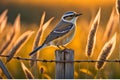 Golden Hour Glow: Wheatear Perched on Rustic Fence Post, Intricate Feathers Illuminated Royalty Free Stock Photo