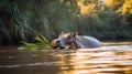 Golden Hour Hippos in Jungle River Royalty Free Stock Photo