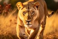 Golden Hour Hunt: Majestic Lioness Stalking Prey in African Savannah