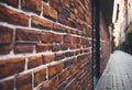 Golden Hour Illumination on a Weathered Brick Wall in a Serene Alleyway. Generative AI. Royalty Free Stock Photo