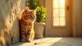 Golden hour kitten by the wall, watching the sunlight stream through a window. Generative AI Royalty Free Stock Photo