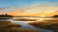 Golden Hour Lagoon: Meticulously Detailed Sunset Scene On A River