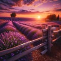 Golden Hour Lavender: Futuristic AI Generated Image of Rustic Fence in Fields