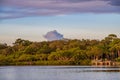 Golden hour light adds a serene glow to the tropical trees of this Florida Gulf of Mexico, Sarasota travel destination city Royalty Free Stock Photo