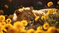 Golden Hour Lion: A Romantic Emotion Captured In Michael Komarck Style