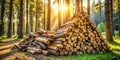 Golden hour lumber pile in a sun-dappled forest. Generative AI Royalty Free Stock Photo