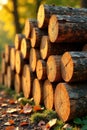 Golden hour lumber stack a rustic autumnal scene of neat wood logs basking in the warm light of the setting sun. Generative AI Royalty Free Stock Photo