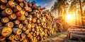 Golden hour lumber stack in a sunlit forest. Generative AI Royalty Free Stock Photo