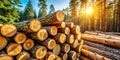 Golden hour lumber stack in a sunlit forest. Generative AI Royalty Free Stock Photo