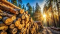 Golden hour lumber stack in a sunlit forest. Generative AI Royalty Free Stock Photo
