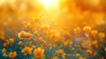 Golden Hour Meadow: Soft-Focus Landscape of Yellow Flowers & Grass in Tranquil Sunset/Sunrise Time with Blurred Forest Royalty Free Stock Photo