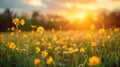 Golden Hour Meadow: Soft-Focus Landscape of Yellow Flowers & Grass in Tranquil Sunset/Sunrise Time with Blurred Forest Royalty Free Stock Photo