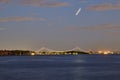 Golden hour night photography of the Verrazano Narrows Bridge as seen from the Battery Park NYC Royalty Free Stock Photo