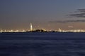 Golden hour night photography of the Verrazano Narrows Bridge, New York harbor, statue of Liberty seen from the Battery Park NYC Royalty Free Stock Photo