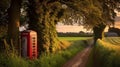 Golden Hour Nostalgia: Serene Countryside Lane with Rustic Fence and Red Telephone Booth