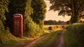 Golden Hour Nostalgia: Serene Countryside Lane with Rustic Fence and Red Telephone Booth