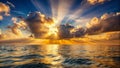 Golden hour ocean sunset with dramatic clouds and sun rays. Generative AI Royalty Free Stock Photo