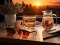 Golden hour office desk with laptop diary glasses coffee