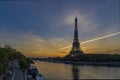 Golden Hour and Orange Sky Over Paris Eiffel Tower Seine River and Traffic