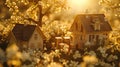 Golden hour over a cozy cottage, symbolizing a blooming wealth in the spring real estate market, Ai generative