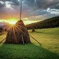 Golden Hour Over Rural Farmland With Haystacks and Mountain Backdrop in Autumn Royalty Free Stock Photo