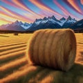 Golden Hour Over Rural Farmland With Haystacks and Mountain Backdrop in Autumn Royalty Free Stock Photo