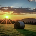 Golden Hour Over Rural Farmland With Haystacks and Mountain Backdrop in Autumn Royalty Free Stock Photo