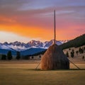 Golden Hour Over Rural Farmland With Haystacks and Mountain Backdrop in Autumn Royalty Free Stock Photo