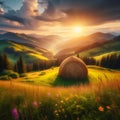 Golden Hour Over Rural Farmland With Haystacks and Mountain Backdrop in Autumn Royalty Free Stock Photo