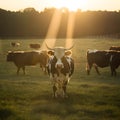 Golden hour pasture Cows roam one poses sunbeam horns