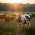 Golden hour pasture Cows roam one poses sunbeam horns