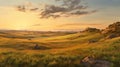 Golden Hour Plateau: Hyper Realistic Landscape With Grassy Field